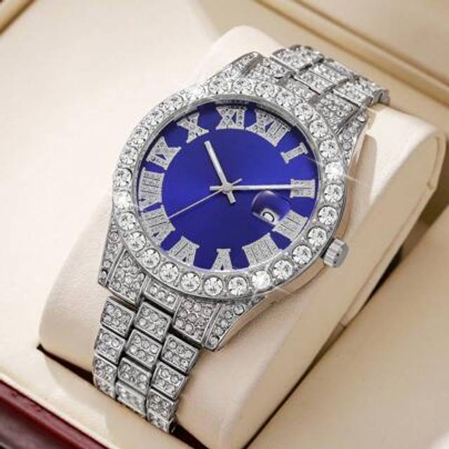SHEIN 1pc Men&#39;s Steel Band Fashion Casual Rhinestone Decorated Roman Scale Dial Quartz Wrist Watch, Stylish Classic (Watch Box Not Included)