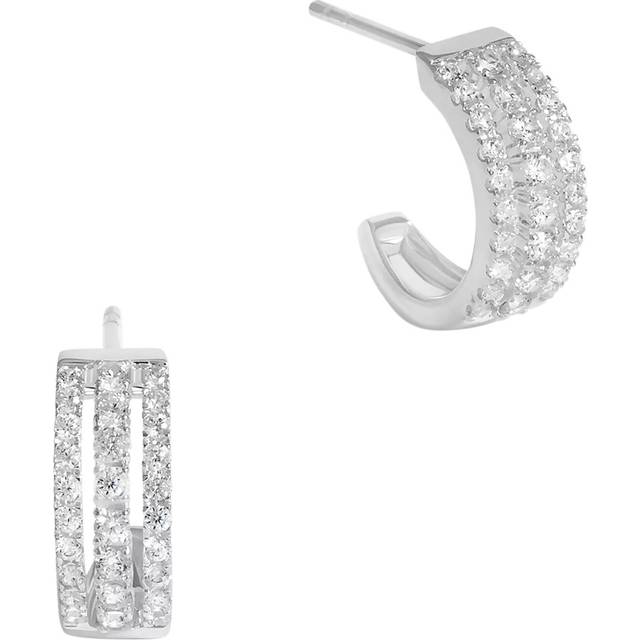 Sterling Silver 925 Cubic Zirconia Triple Row Hoop Earrings - One Size
