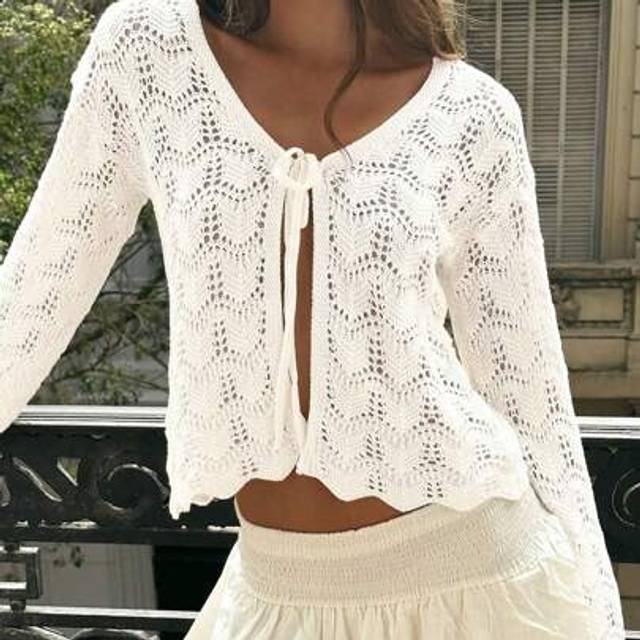 SHEIN Women&#39;s Summer Beach Cover Up Cardigan - Hollow Out Knitwear Top With Bowknot , V-Neck Loose Drop Shoulder Design, Lightweight Vacation Kimono, Bikini