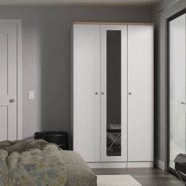 Ondrasek Tall Triple Mirror Wardrobe in White Ash & Bardolino Oak (Ready Assembled) - Grey Ash (196cm H X 111cm W X 53cm D)