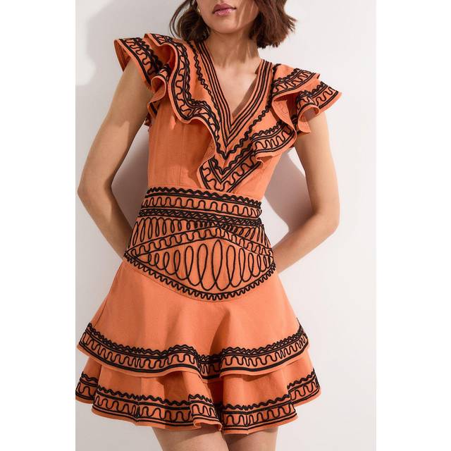 Embroidered Cotton Linen Woven Plunge Mini Dress - Orange
