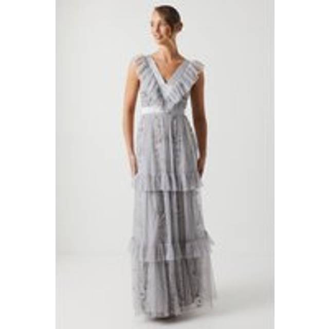 Tiered Mesh Bridesmaid Dress With Embellishment - Silver - 16