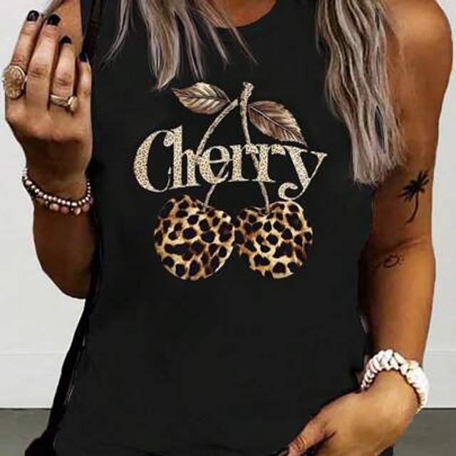 SHEIN Women&#39;s Casual Round Neck Sleeveless Chic Leopard And Cherry Pattern Print Tank Top