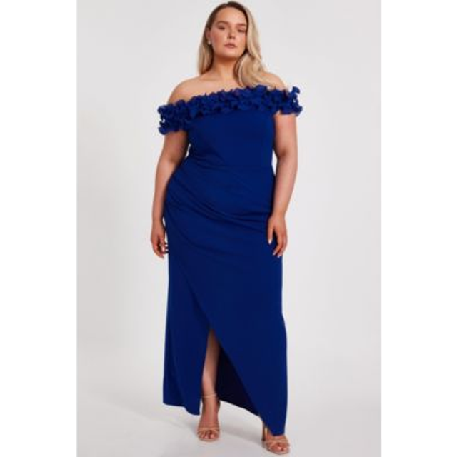 Womens Royal Curve Bardot Ruffle Maxi Dress - Blue - 26