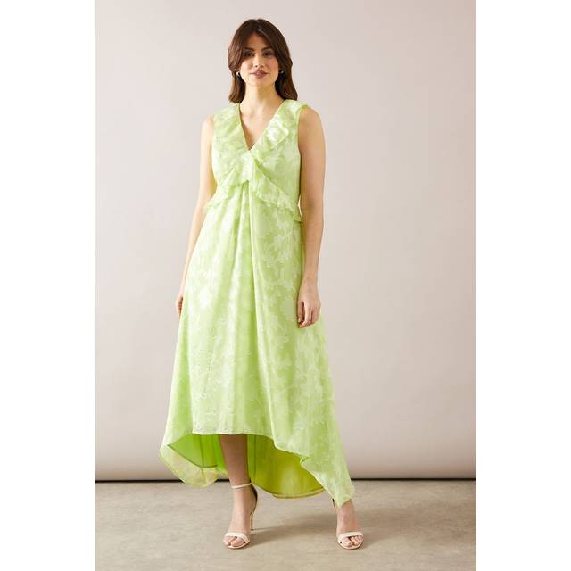 Womens Floral Jacquard Ruffle Hi-Low Midi Dress - Lime - 10
