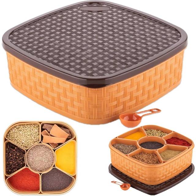 MantraRaj Square Plastic Masala Box 7 Compartments with Spoon Multipurpose Spice Box For Kitchen (6cm H X 18cm W X 18cm D)