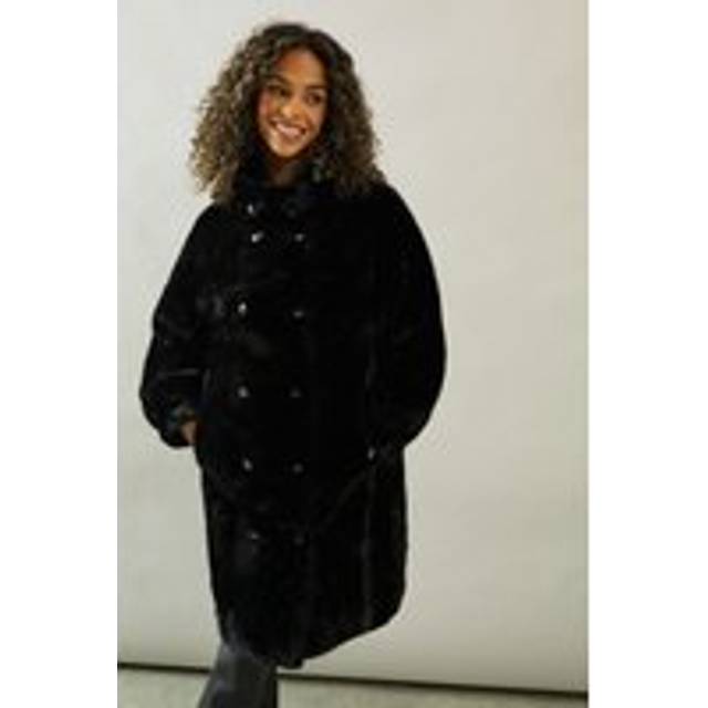 Wallis Womens Faux Fur Coat Black Double Breasted Sophisticated Versatile Length
