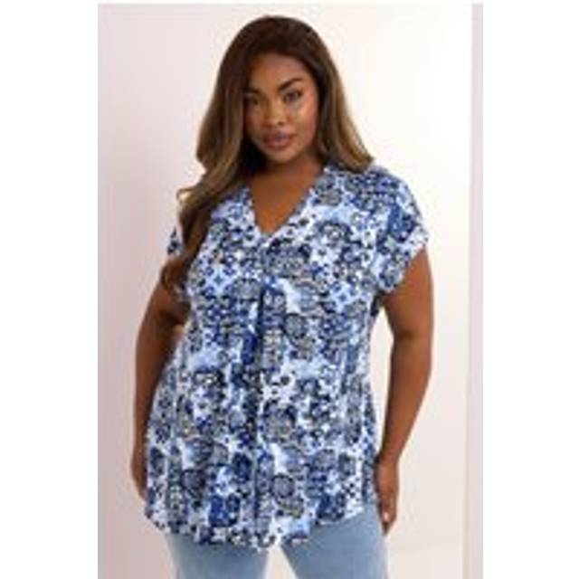Yours Curve Blue Tile Print Pleat Front Top, Women's Curve & Plus Size, Yours - 34-36