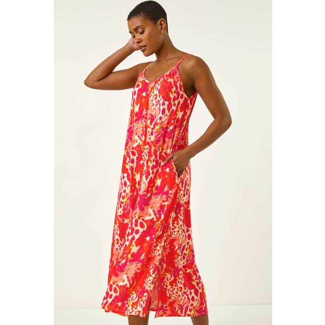Abstract Print Swing Midi Stretch Dress - Orange - 16