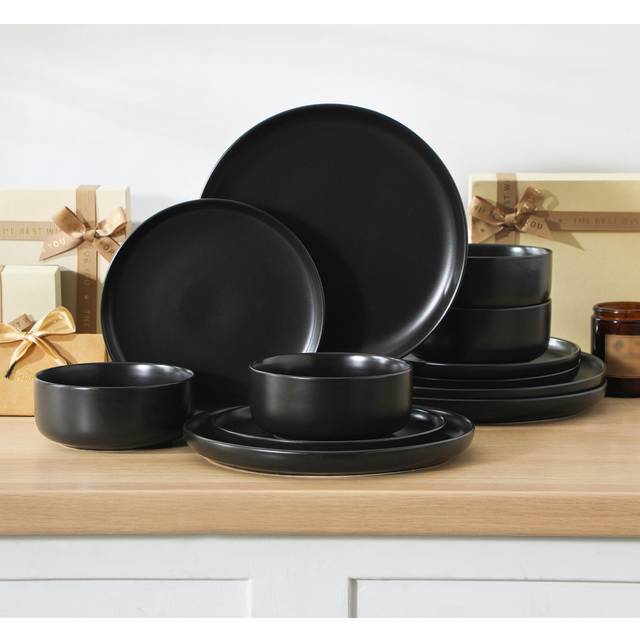 12 Piece Stoneware Dinnerware Set - Service for 4 - Black (12)