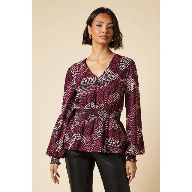 Womens Tall Pink Spot V Neck Shirred Waist Blouse - 8