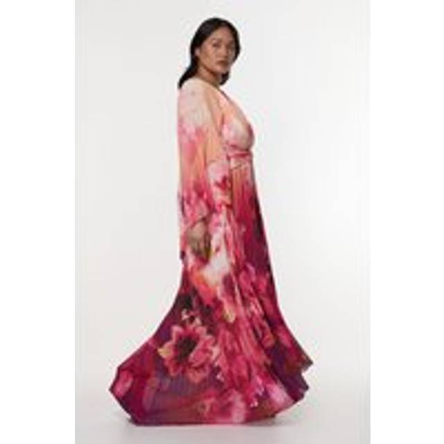 Plus Size Ombre Floral Soft Pleated Woven Maxi With Cape Detail - Purple
