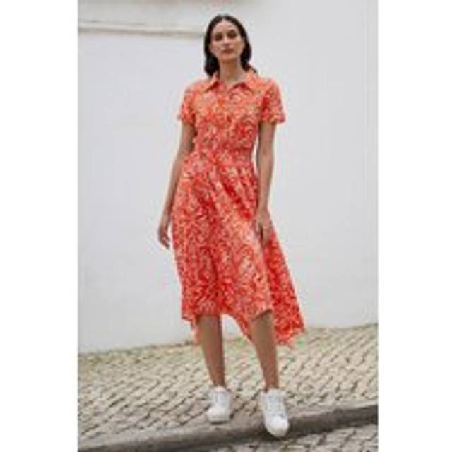 Coral Tropical Leaf print Midi Ruched Shirt Dress - 16