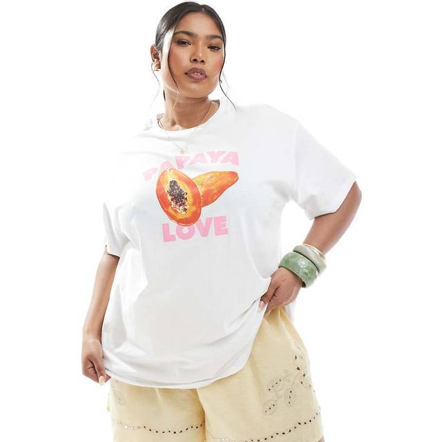 Pieces Curve – Vit t-shirt i oversize med Papaya Love-tryck-Vit/a