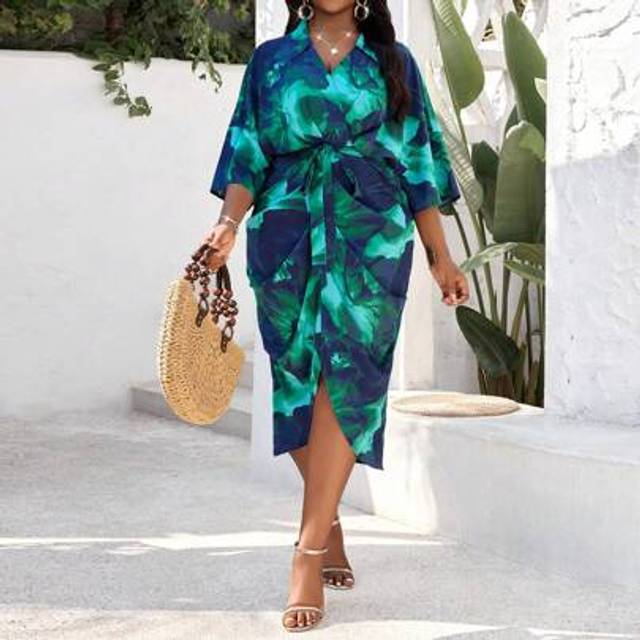 SHEIN Plus Size Women Tie-Dye Print 3/4 Sleeve Twist Waist Casual Midi Dress, Holiday Style
