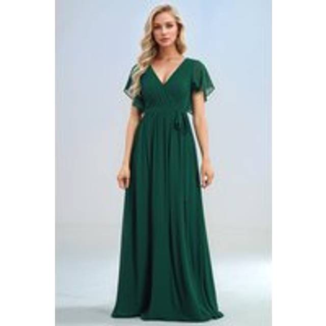 Elegant V Neck Ruffle Sleeve Ruched Chiffon Bridesmaid dresses - Dark Green - 14