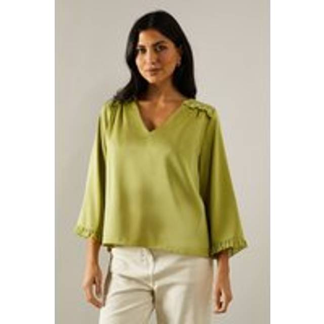 Womens Satin Flute Sleeve Frill Detail Blouse - Lime - 18