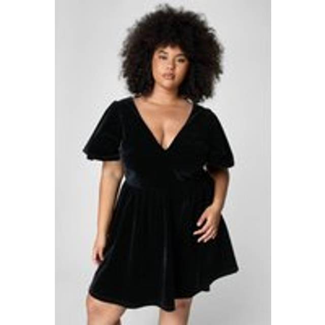 Womens Plus Velvet Puff Sleeve Plunge Skater Mini Dress - Black - 18