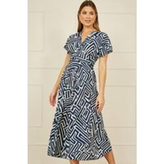 Yumi Women's Navy Geometric Ruched Waist Midi Dress New Look - UK 8