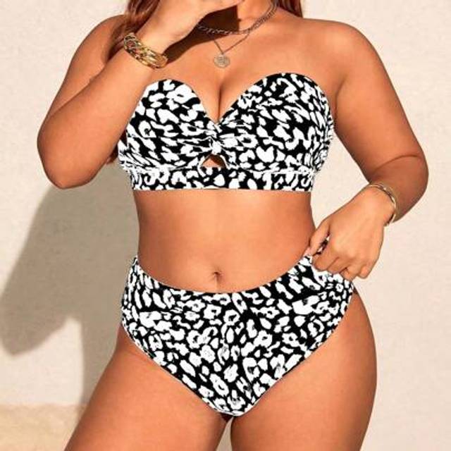 SHEIN New Plus Size Women Sexy Fashion Leopard Print Twist Tied Bikini Set, High Waist Triangle Swimsuit, Vacation Outfit