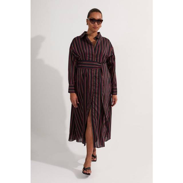 Plus Size Premium Cotton Tailored Belted Shirt Maxi Dress - Stripe
