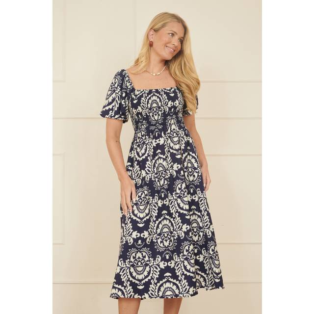 Yumi Women's Navy Aztec Print Square Neck Midi Dress New Look - UK 10