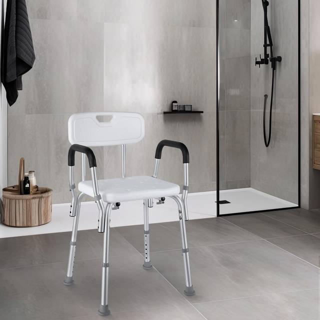 Shower Chair For Mobility, Bath Stool With Adjustable Back And Armrest, Shower Seat With Anti-slip Rubber Feet, For Elderly, Disabled And Injured Pers - White (81cm H X 44cm W X 44cm D)