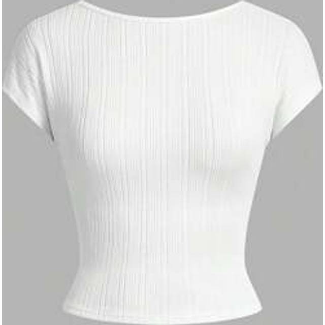 SHEIN Women&#39;s Sexy Back Open Fitted Short Sleeve Textured T-Shirt, Suitable For Summer Party And Beach Holiday
