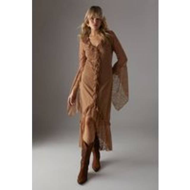 Womens Lace Button Through Ruffle Maxi Dress - tan - Tan - 16