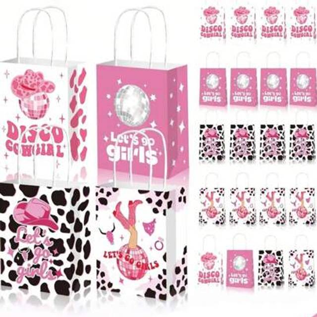 SHEIN 16pcs/8pcs/4pcs-Pink Cowgirl Party Favors Bags Let&#39;s GoGirls Gift Paper Bag For Birthday Christmas Last Rodeo Bachelorette Party Decorations New Disco