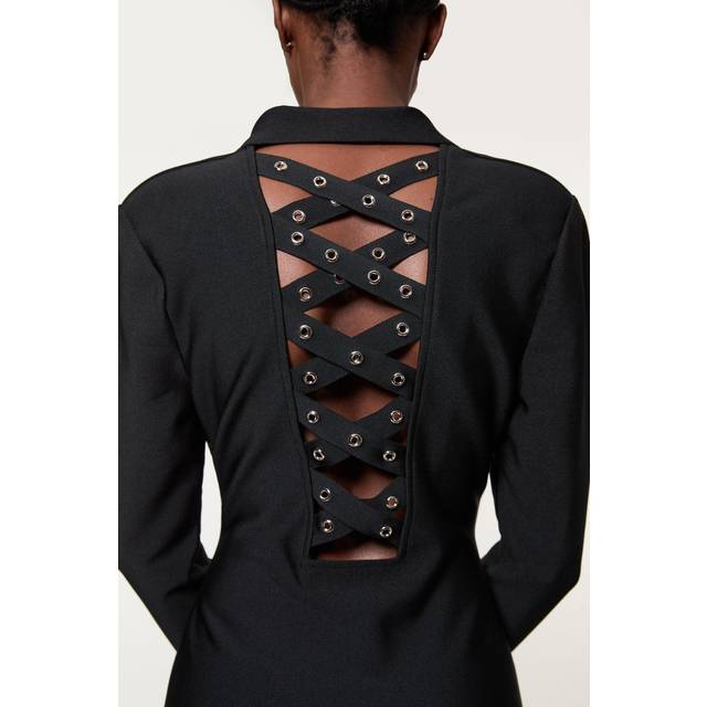 Figure Form Bandage Knit Eyelet Cross Back Detail Mini Dress - Black