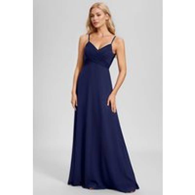 Elegant V Neck Sleeveless Swing neckline at back Maxi A line Ruched chiffon Bridesmaid Dresses - Navy - 16