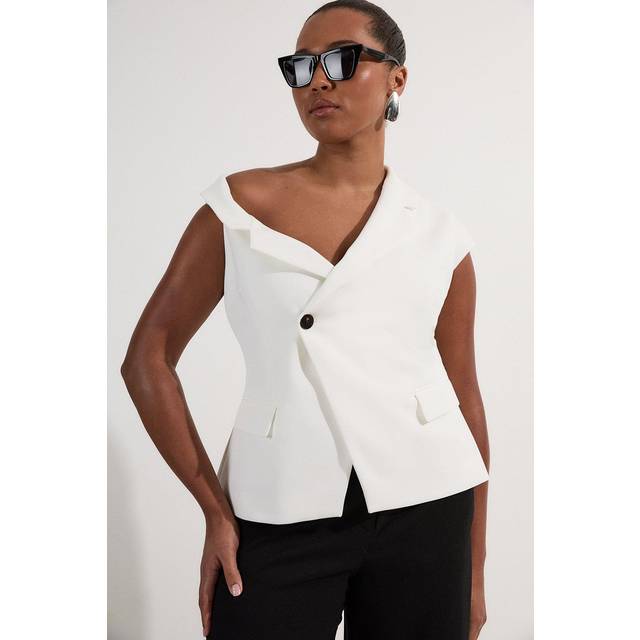 Plus Size Clean Tailored Asymmetric Collar Belted Tailored Top - Ivory