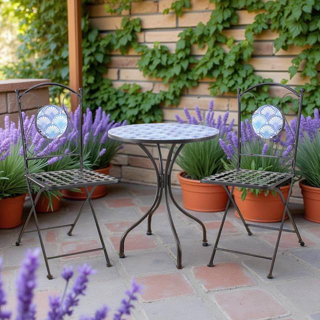 Ocean Blue Shell Mosaic Outdoor Garden Bistro Patio Table and Chairs Set (2)
