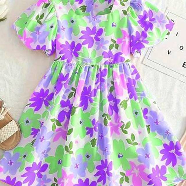 SHEIN Flower Pattern Bow Decor Sweet Girl Short Sleeve Mini Dress, Summer Party Gift