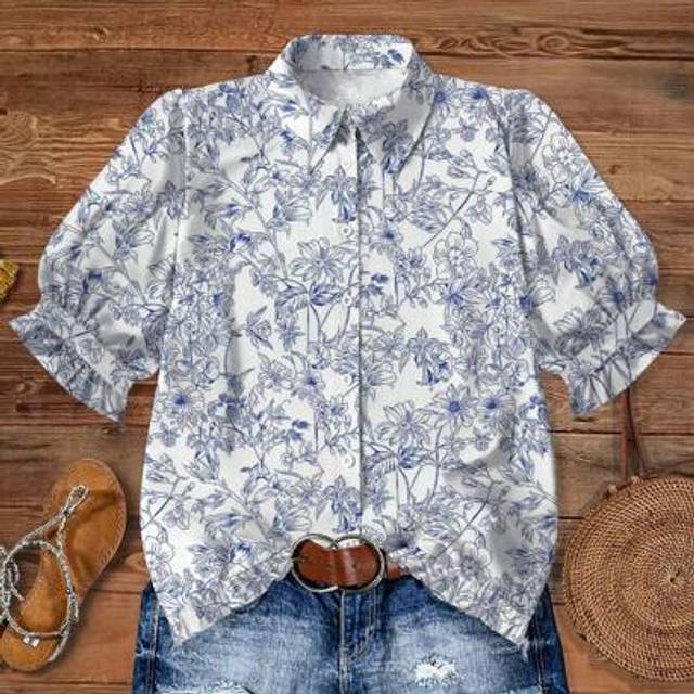 SHEIN Vintage Style Ditsy Floral Short Sleeve Shirt, Blue & White Branch Pattern, Retro, Aesthetic, Japanese Street Fashion