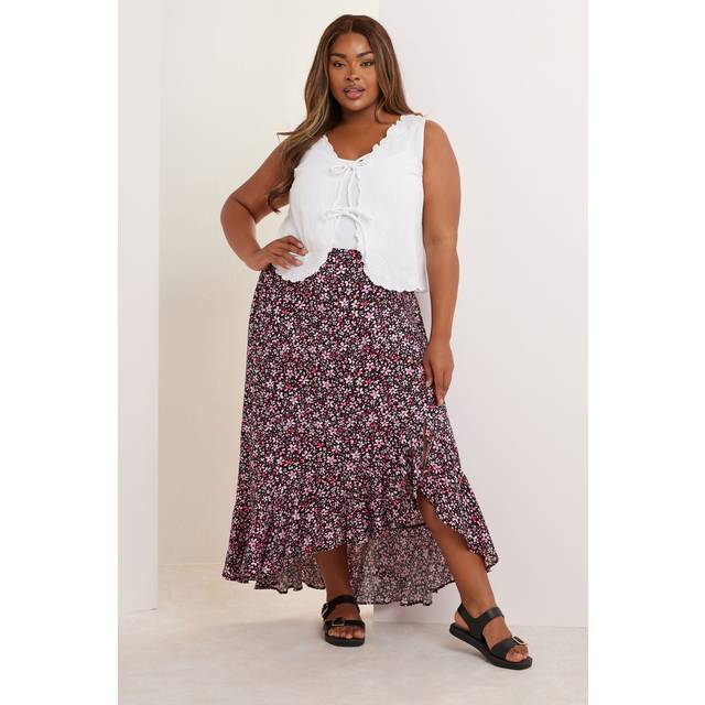 Yours Curve Pink Ditsy Floral Ruffle Hem Maxi Skirt, Women's Curve & Plus Size, Yours - 18