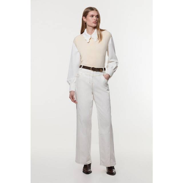 Denim Contrast Stitch Detail Straight Leg Jean - Ivory