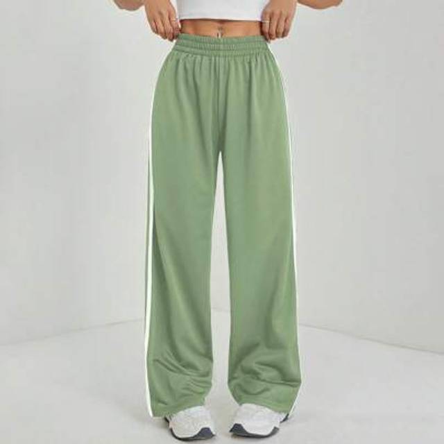 SHEIN Women&#39;s Elastic Waist Side Stripe Wide Leg Loose Casual Sweatpants Sage Green Dress