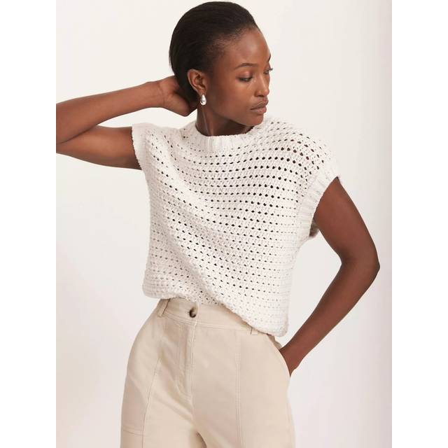 Mint Velvet Sequin Open Knit Top, White Ivory