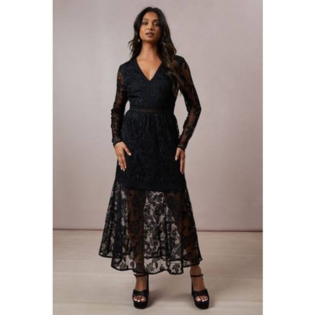 Oasis womens maxi dress black embroidered mesh lace v neck long sleeve