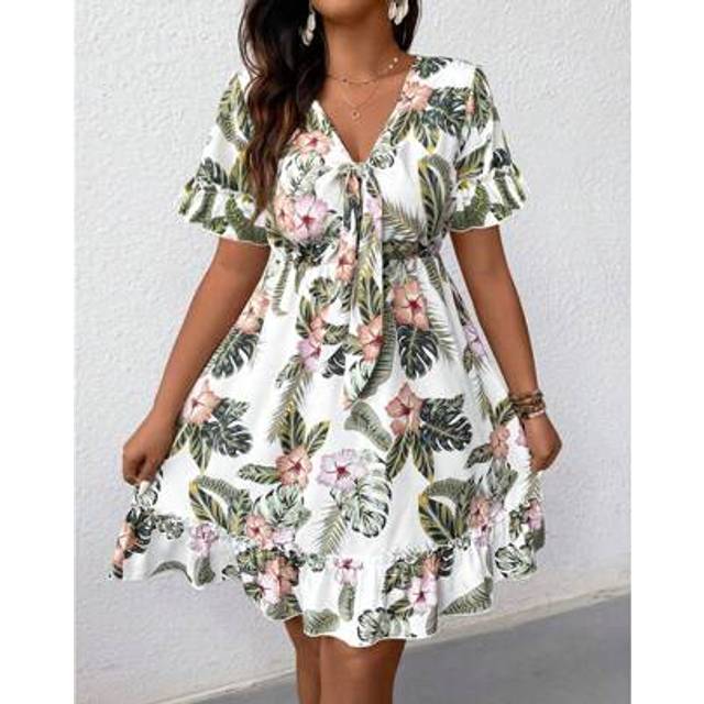 SHEIN Women&#39;s Tropical Plant Print Front Knotted Short Sleeve Casual Dress, Vacation Outfit