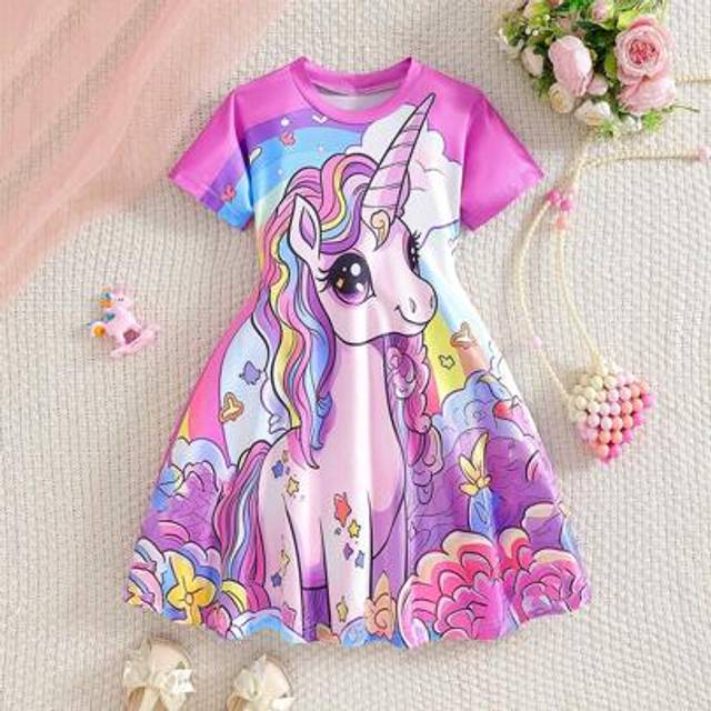 SHEIN Girls Unicorn Print Round Neck Casual Fitted Short Sleeve Dress, Fashionable For Festival, Party, Holiday & Travel, Summer Princess Dress For Girls