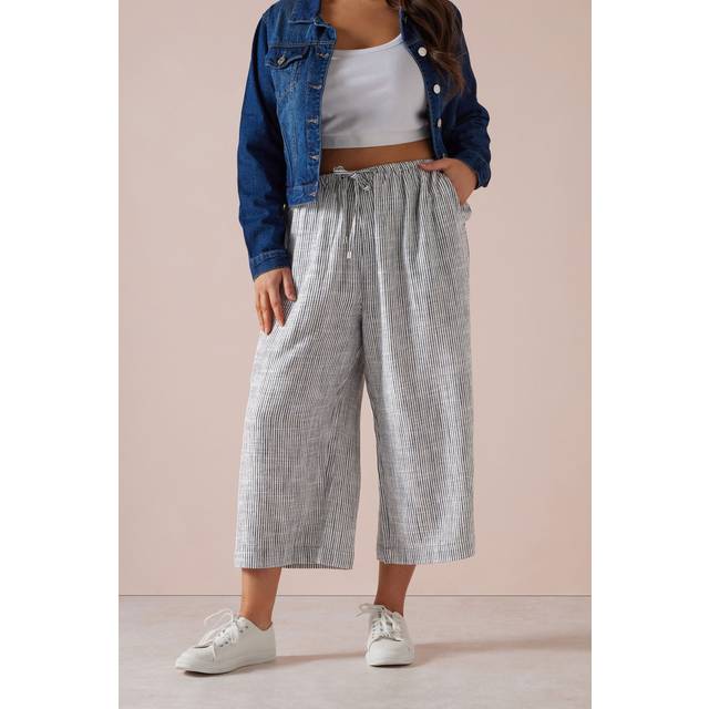 Yours Curve Blue Stripe Wide Leg Ankle Grazer Linen Trousers, Women's Curve & Plus Size, Yours - 26-28