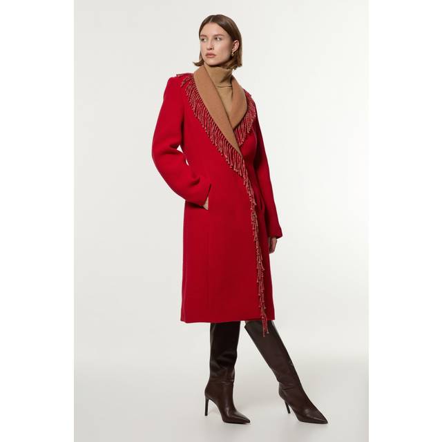 Premium Italian Manteco Wool Blend Fringe Collar Tailored Maxi Coat - Red