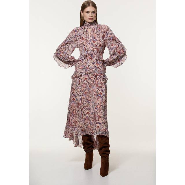 Viscose Crinkle Paisley Frill Detail Maxi Dress - Red