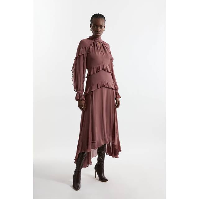 Petite Viscose Georgette Ruffle Detail Drama Woven Maxi Dress - Pink