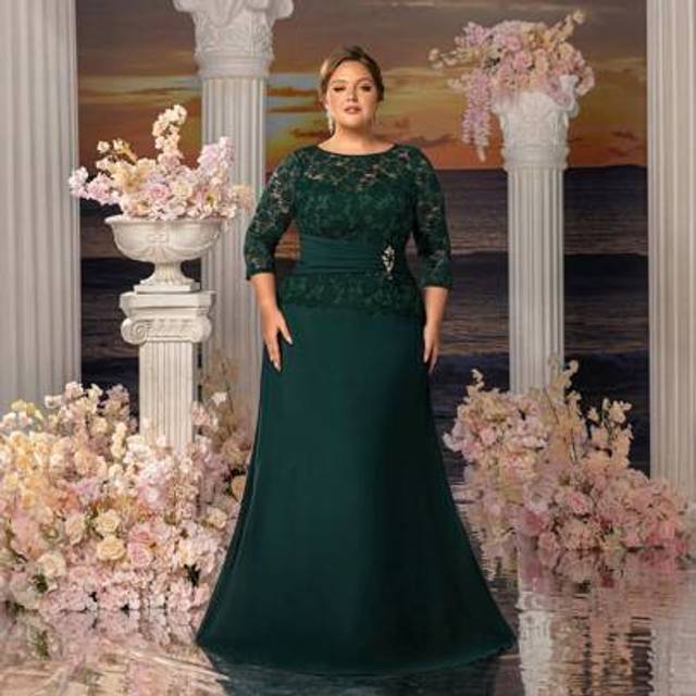 SHEIN Plus-Size Round-Neck Long-Sleeve Lace Evening Gown With Sculpted Fish-Tail Skirt â Formal Wedding Guest Dress, Black-Tie Gala Attire, Opera Night En