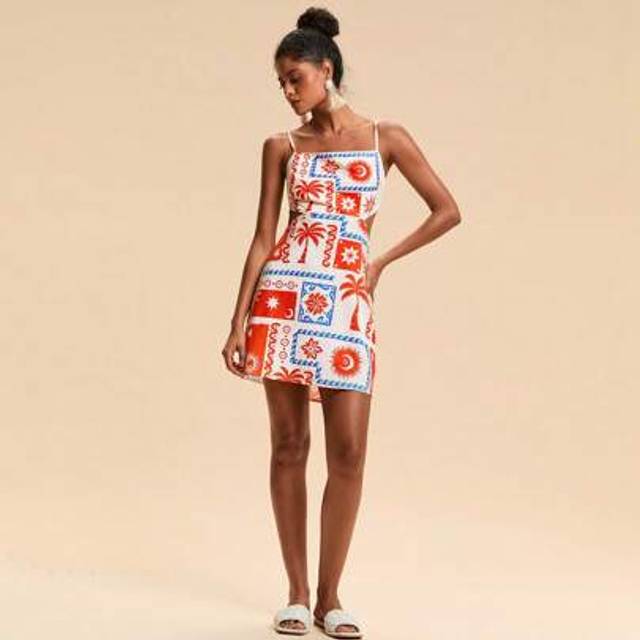 Travachic Women&#39;s Palm Tree Print Cutout Waist Spaghetti Strap Vacation Dress, Summer,Summer Outfits For Women,Beachwear,Easter,Beach Outfits For Woman,Vacation