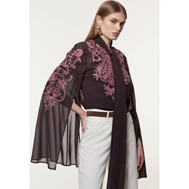 Karen Millen Women's Cutwork Beaded Georgette Tie Neck Woven Blouse With Drama Sleeve in Chocolate | Size: 8